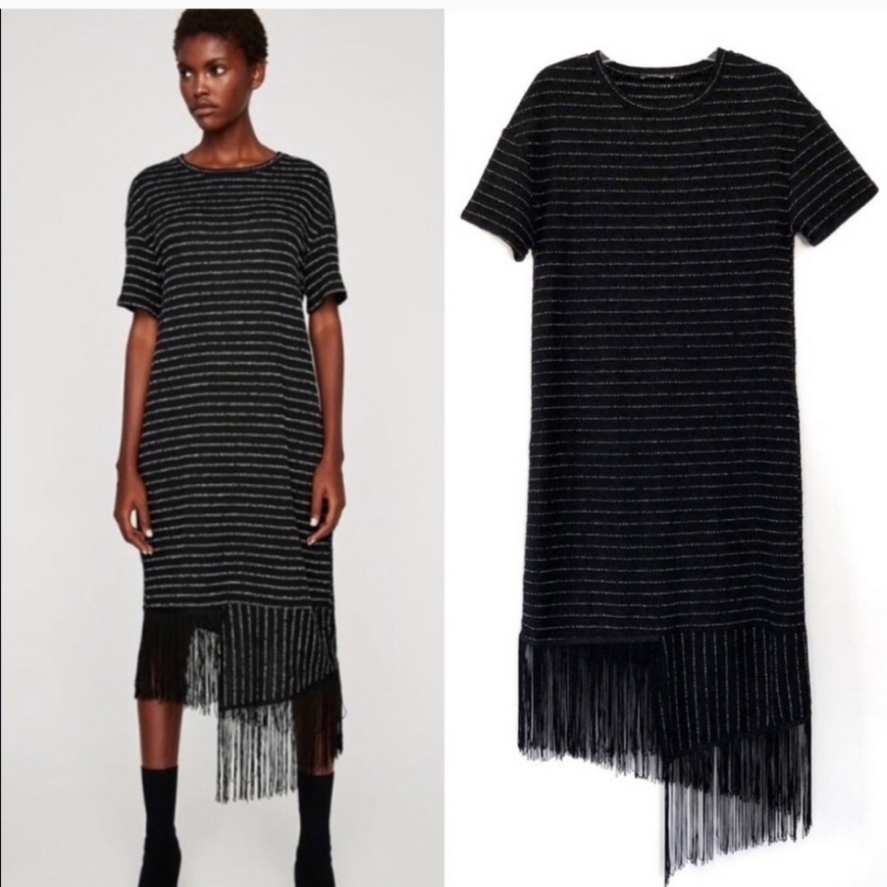 ZARA Trafaluc Knit Fringe Striped Midi Tee Dress